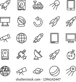 thin line vector icon set - monitor vector, counterclockwise, bath ball, earth, artificial satellite, billboard, rocket, space, planet, tablet pc, hdd, telescope, antenna, saturn, lunar rover, first