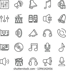 thin line vector icon set - bell vector, desktop microphone, horn, loudspeaker, silent mode, drumroll, drum, music, CD, regulator, volume, no sound, phone call, megaphone, pc card, headphones, note