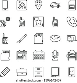 thin line vector icon set - tassel vector, desktop microphone, calendar, rss feed, toy phone, mobile, concrete mixer, smartphone, nightstand, piece of meat, big solar panel, retro car, SIM card, sd