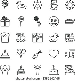 thin line vector icon set - heart symbol vector, toys over the cradle, rubber duck, baby duckling, teddy bear, toy train, children's, colored air balloons, birthday cake, gift, Easter, slice, sun