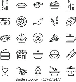 thin line vector icon set - plates and spoons vector, iron fork, coffee, fried vegetables on sticks, pizza, piece of, big burger, cake, pie, porridge in a saucepan, lettuce plate, bacon, chop, sushi