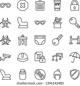 thin line vector icon set - mark of injury vector, spectacles, toys over the cot, nappy, powder, Baby chair, car child seat, winter hat, construction helmet, dust bin, lock, key, umbrella, glasses