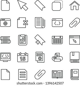 thin line vector icon set - clip vector, add bookmark, clean sheet of paper, e, books, home, calendar, book, delete page, copy, statistical report, scientific publication, wall, newspaper, printer