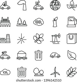 thin line vector icon set - dust bin vector, bag with handles, apple stub, working oil derrick, leaves, leaf, gas station, windmill, manufacture, trees, forest, thermal power plant, eco car, CO2