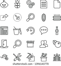 thin line vector icon set - women vector, children's sand set, funny hairdo, garden trolley, small tools, speech, move right, bottom arrow, bottle of soda, blueberries, mint, sweet date fruit, gears