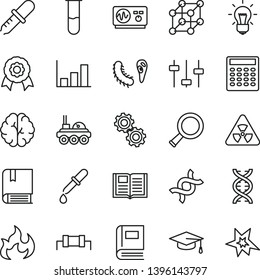 thin line vector icon set - vector e, book, test tube, nuclear, zoom, dna, bulb, brain, gears, settings, bactery, pipette, oscilloscope, flame, graduate hat, calculator, growth graph, medal, 3d cube