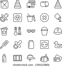 thin line vector icon set - mark of injury vector, dummy, nipple, measuring cup for feeding, bottle, baby powder, electronic thermometer e, rubber duck, stacking rings, toy, children's sand set, f
