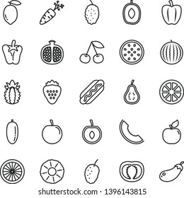 thin line vector icon set - Hot Dog vector, peper, strawberry, cherry, half pomegranate, apricot, mulberry, tasty, water melon, slice of, delicious plum, date fruit, lemon, juicy, passion, orange