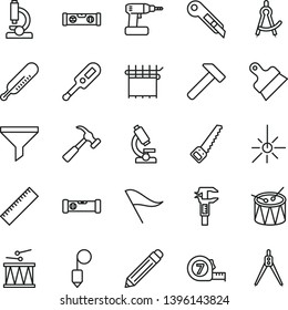 thin line vector icon set - graphite pencil vector, yardstick, wind direction indicator, electronic thermometer e, mercury, drumroll, drum, cordless drill, arm saw, long meashuring tape, building