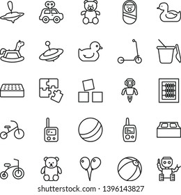 thin line vector icon set - new abacus vector, rubber duck, baby duckling, bath ball, motor vehicle present, roly poly doll, toy phone, mobile, children's sand set, teddy bear, small, yule, tricycle