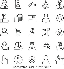 thin line vector icon set - woman vector, women, hat with glasses, a chair for feeding child, builder, workman, garden trolley, index finger, pass card, coins, welding, man in sight, goal, operator