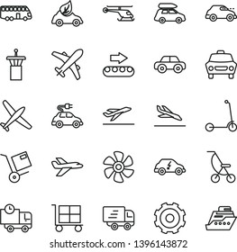 thin line vector icon set - truck lorry vector, cargo trolley, summer stroller, motor vehicle, child Kick scooter, car, delivery, shipment, marine propeller, production conveyor, eco, electric, bus