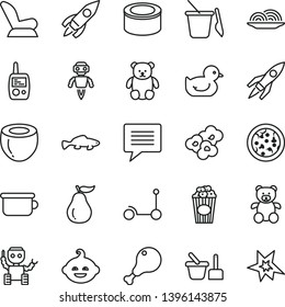 thin line vector icon set - image of thought vector, car child seat, baby duckling, toy mobile phone, sand set, children's, potty, teddy bear, small, funny hairdo, Kick scooter, canned goods, pizza