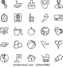 thin line vector icon set - wind direction indicator vector, baby carriage, bath ball, toy phone, children's sand set, yule, colored air balloons, passport, put in a box, branch of grape, tasty