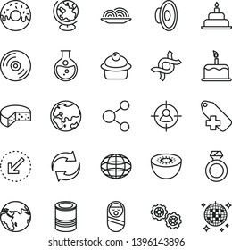 thin line vector icon set - renewal vector, loudspeaker, add label, roly poly doll, birthday cake, gears, left bottom arrow, CD, cheese, tin, onion, muffin, glazed with a hole, kiwi, round flask