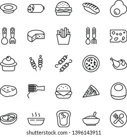 thin line vector icon set - baby bib vector, plastic fork spoons, iron, sausage, piece of cheese, fried vegetables on sticks, pizza, big burger, noodles, muffin, a bowl rice porridge, hot, chicken