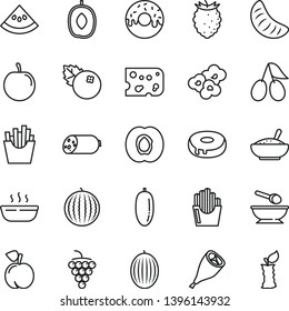 thin line vector icon set - deep plate with a spoon vector, sausage, piece of cheese, cake hole, glazed, bowl rice porridge, hot, grill chicken leg, French fries, fried potato slices, popcorn, peach