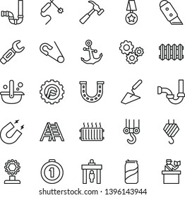 thin line vector icon set - open pin vector, hook, winch, trowel, ladder, siphon, sewerage, star gear, knife, new radiator, hammer with claw, anchor, soda can, gas welding, steel repair key, gears