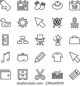thin line vector icon set - scissors vector, calendar, purse, keyboard, hat, remove label, bedside table, rubber duck, warm socks, interroom door, music, flowchart, T shirt, pencil, hand bag, chair