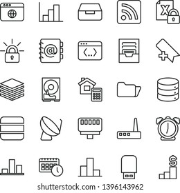 thin line vector icon set - add bookmark vector, rss feed, bar chart, negative histogram, archive, estimate, alarm clock, big data, pile, address book, drawer, satellite dish, agenda, encrypting