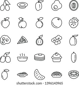 thin line vector icon set - piece of pizza vector, slices onion, muffin, apple pie, hot porridge, a plate milk, popcorn, fried egg, omelette, strawberries, pancakes, orange, peach, red, cornels