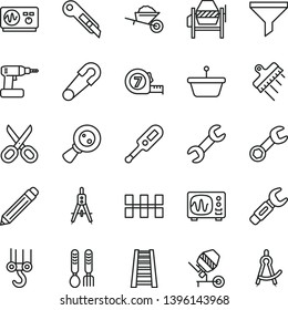 thin line vector icon set - scissors vector, graphite pencil, safety pin, electronic thermometer e, iron fork spoons, winch hook, garden trolley, concrete mixer, cordless drill, long meashuring tape