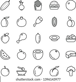 thin line vector icon set - deep plate with a spoon vector, cheese, burger, lettuce in, of milk, chicken leg, thigh, cabbage, cucumber, beet, fried potato slices, apple, orange slice, ripe peach