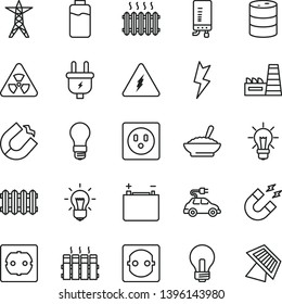 thin line vector icon set - incandescent lamp vector, power socket type f, lightning, radiator, new, electronic boiler, a bowl of buckwheat porridge, charge level, barrel, accumulator, light bulb