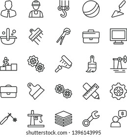 thin line vector icon set - monitor window vector, briefcase, bath ball, builder, winch hook, gears, building trowel, adjustable wrench, paint roller, wooden brush, writing accessories, putty knife