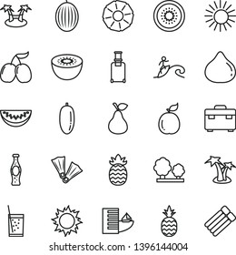 thin line vector icon set - suitcase vector, a glass of soda, bottle, pineapple, pear, fig, tasty cornels, melon, water slice, date fruit, kiwi, half, guava, trees, rolling, hotel, sun, palm tree