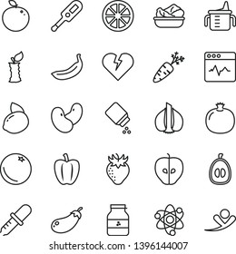 thin line vector icon set - measuring cup for feeding vector, baby powder, electronic thermometer e, broken heart, cardiogram, lettuce in a plate, jar of jam, orange, pomegranate, tasty apple, juicy