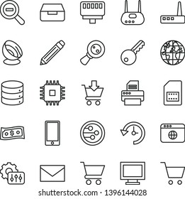 thin line vector icon set - monitor window vector, envelope, graphite pencil, zoom out, smartphone, big data, drawer, cart, put in, SIM card, magnifying glass, planet, cpu, router, printer, network