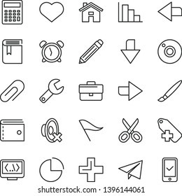 thin line vector icon set - heart symbol vector, tassel, house, camera, repair key, scissors, clip, briefcase, alarm clock, downward direction, right, left, graphite pencil, purse, paper airplane