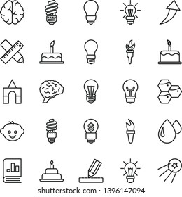 thin line vector icon set - children's hairdo vector, box of bricks, cake, birthday, saving light bulb, writing accessories, drawing, honeycombs, drop, energy, book on statistics, brain, flame torch