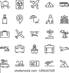 thin line vector icon set - suitcase vector, case, coastal lighthouse, sand castle, helicopter, dollar pin, plane, bus, passenger, rolling, passport, ticket, departure, tent, beach, palm tree, pool