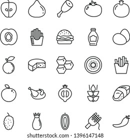 thin line vector icon set - cheese vector, eggs, burger, spaghetti, chicken, thigh, tomato, French fries, fried potato slices, sushi, mint, honeycombs, bottle, half apricot, pomegranate, tasty apple