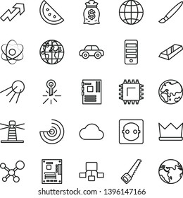 thin line vector icon set - tassel vector, growth up, motor vehicle, arm saw, earth, artificial satellite, orange slice, planet, power socket, smd, mercury thermometer, lighthouse, pc tower, cloud
