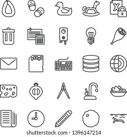 thin line vector icon set - graphite pencil vector, keyboard, rubber duck, rocking horse, child shoes, calculation, kitchen faucet, boiler, wall clock, stick of sausage, piece cheese, a plate fruit