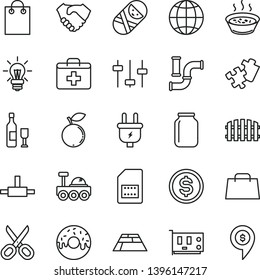 thin line vector icon set - scissors vector, first aid kit, tumbler, Puzzle, fence, paving slab, earth, glazed cake with a hole, porridge in saucepan, blueberry, water pipes, plug, SIM card, jar, pc