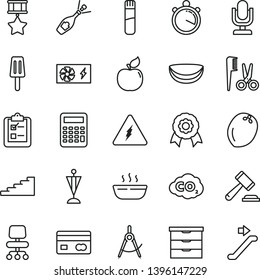 thin line vector icon set - desktop microphone vector, hammer of a judge, storage unit, accessories for hairstyle, survey, hot porridge, popsicle, apricot, piece coconut, carbon dyoxide, chair, hero