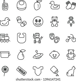 thin line vector icon set - baby powder vector, bib, Child T shirt, rubber duck, duckling, warm socks, toy mobile phone, children's potty, teddy bear, small, hairdo, train, yule, tricycle, lollipop