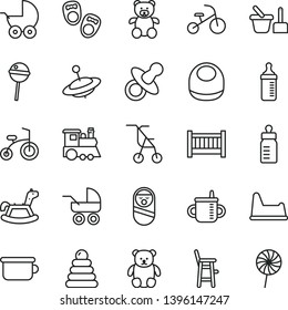 thin line vector icon set - baby cot vector, dummy, mug for feeding, bottle, measuring, bib, stroller, carriage, sitting, stacking rings, roly poly doll, toy sand set, children's potty, chair, small