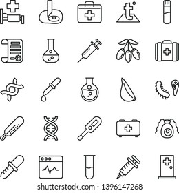 thin line vector icon set - first aid kit vector, electronic thermometer e, mercury, bag of a paramedic, medical, temperature, cardiogram, garlic, goji berry, round flask, research article, dna