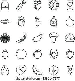 thin line vector icon set - stick of sausage vector, burger, slices onion, mushroom, beet, glass, jar jam, half pomegranate, red apple, tasty, strawberry, slice melon, loquat, plum, passion fruit