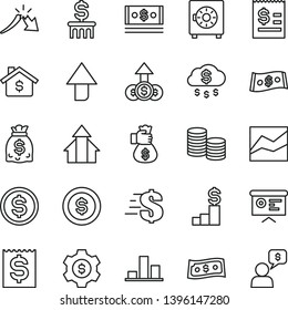 thin line vector icon set - upward direction vector, dollar, line chart, strongbox, coins, a crisis, article on the, financial item, dollars, cash, report, growth arrows, money bag hand, rain, coin