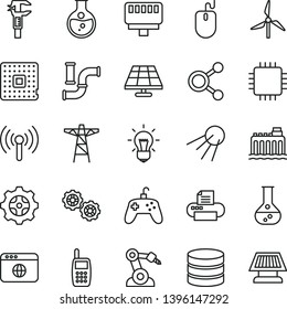 thin line vector icon set - gears vector, artificial satellite, solar panel, round flask, windmill, water pipes, hydroelectricity, power pole, gear, processor, robot welder, caliper, connections