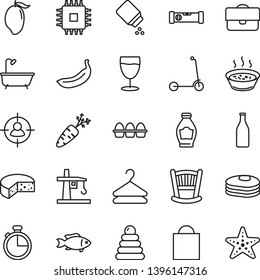 thin line vector icon set - paper bag vector, cradle, baby powder, stacking rings, child Kick scooter, bath, construction level, timer, hanger, cheese, bundle of eggs, porridge in a saucepan, fish