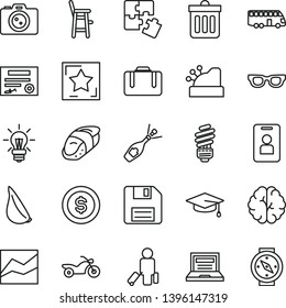 thin line vector icon set - floppy disk vector, laptop, line chart, a chair for feeding child, Puzzles, saving light bulb, dust bin, garlic, sushi, cashbox, glasses, brain, patente, graduate, star