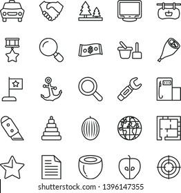 thin line vector icon set - scribbled paper vector, magnifier, stacking toy, sand set, laying out, knife, star, anchor, car, grill chicken leg, tasty apple, melon, half of coconut, forest, planet