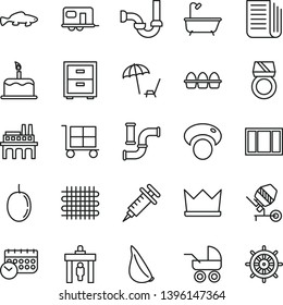 thin line vector icon set - cargo trolley vector, bedside table, baby carriage, concrete mixer, window frame, bath, sewerage, cake, bundle of eggs, garlic, small fish, passion fruit, mashroom, crown